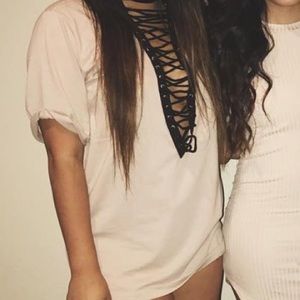 Nude criss cross tie front Oversized shirt dress